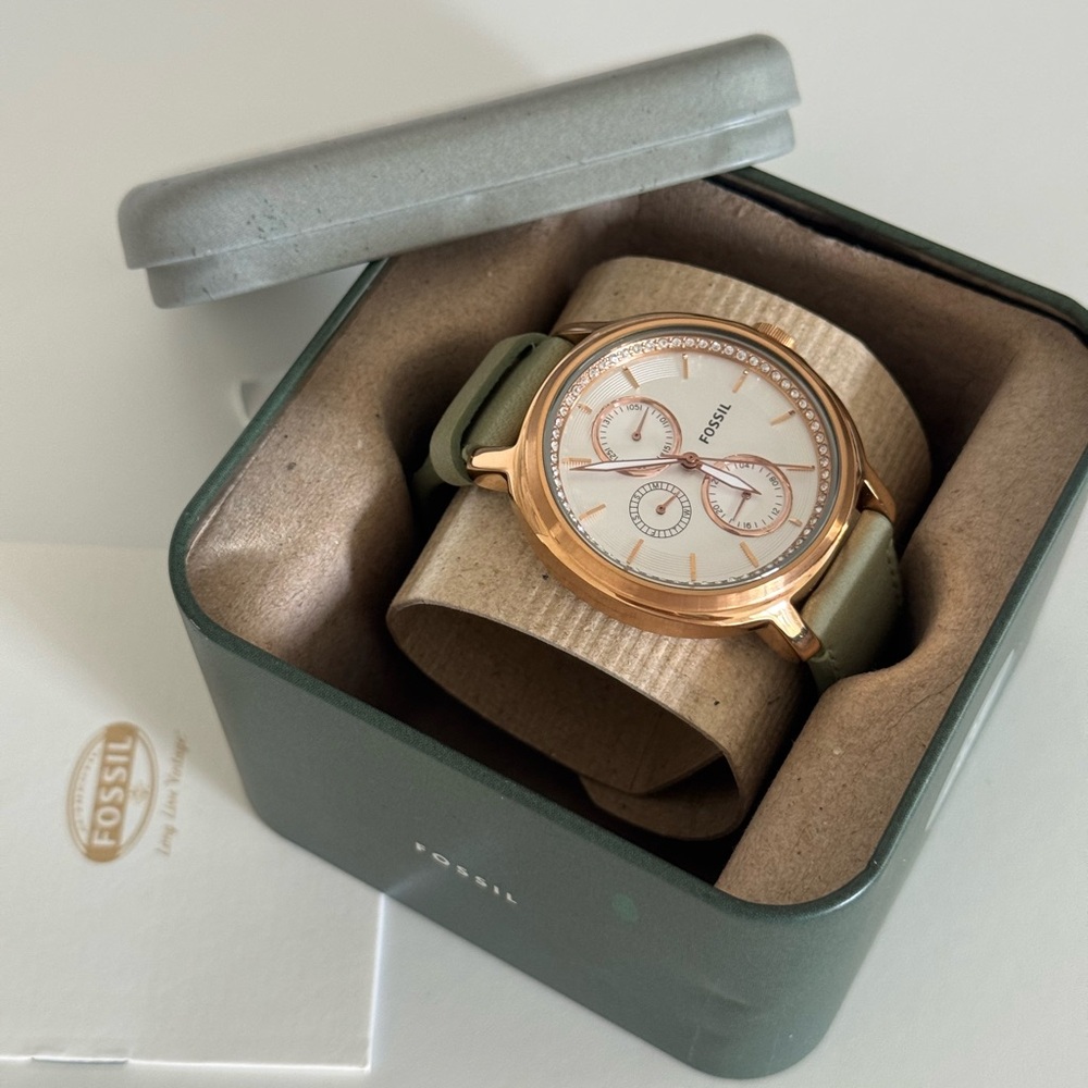 Fossil Rose Gold Watch with Green Strap